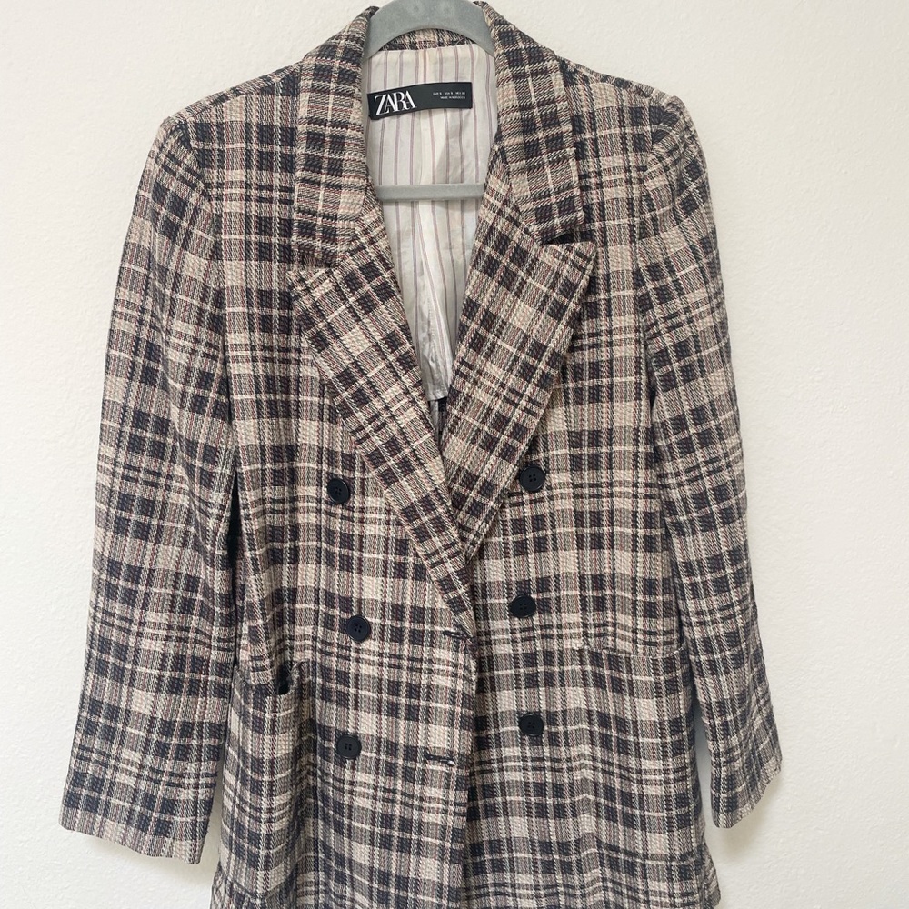 ZARA Plaid Navy Blazer S